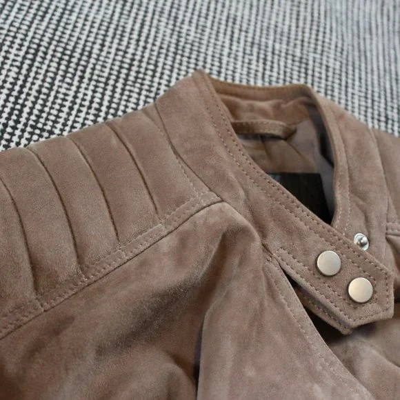 All Saints soft goat leather suede light drown stand collar jacket US-6/S UK-10